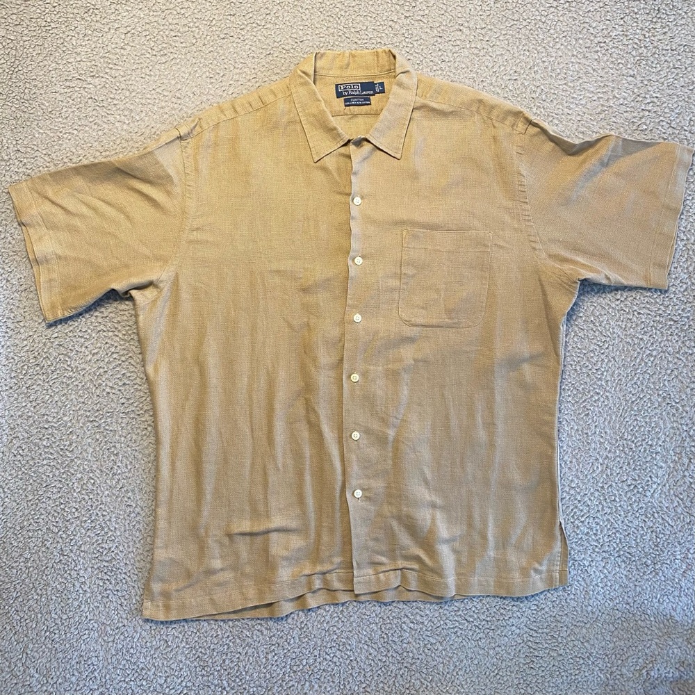 VTG Polo Ralph Lauren Clayton Beige ButtonUp Shirt Linen Blend Loop Collar Men L